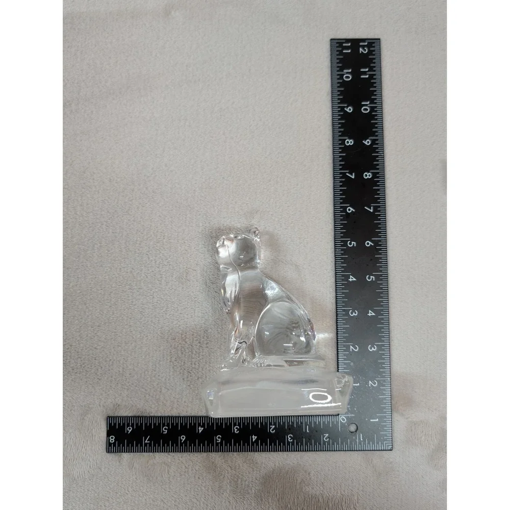 Vintage Clear Art Glass‎ Cat Figurine on Frosted Base Crystal Style Paperweight